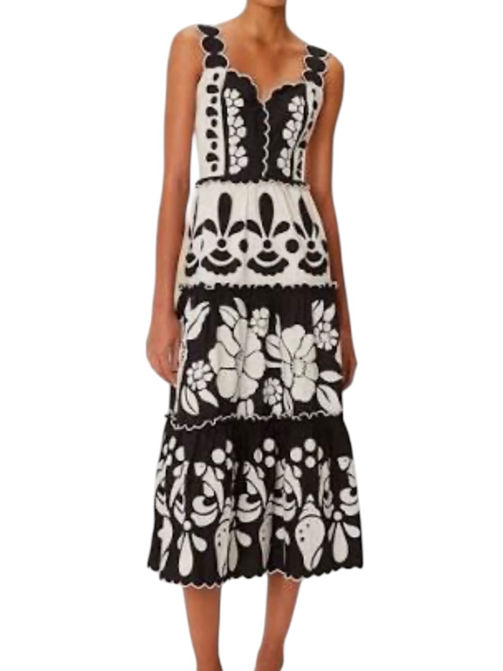 Farm Rio Scalloped Trim Cotton Applique Floral Square Neck Midi Dress, Size S